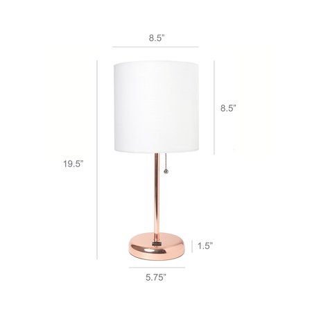 Limelights Rose Gold Stick Lamp with USB charging port and Fabric Shade, White LT2044-RGD